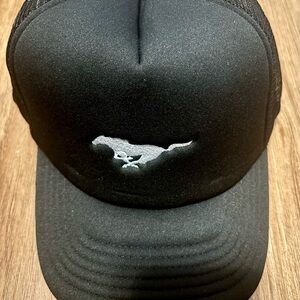 Black Trucker Hat with White Mustang Logo